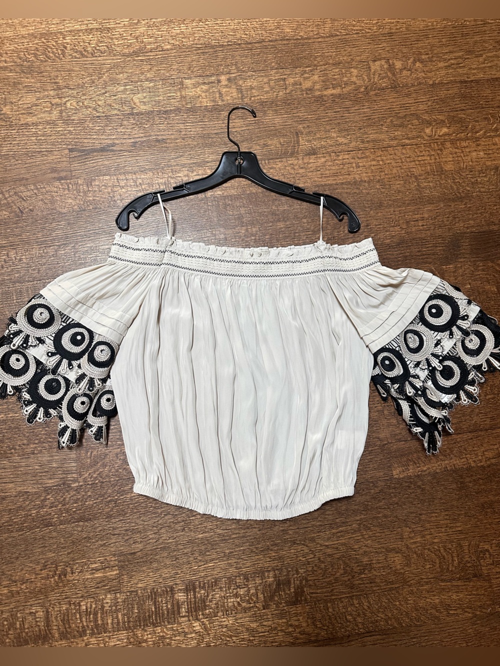 Ramy Brook Sandstone Off-the-Shoulder Top with Black Crochet Sleeves